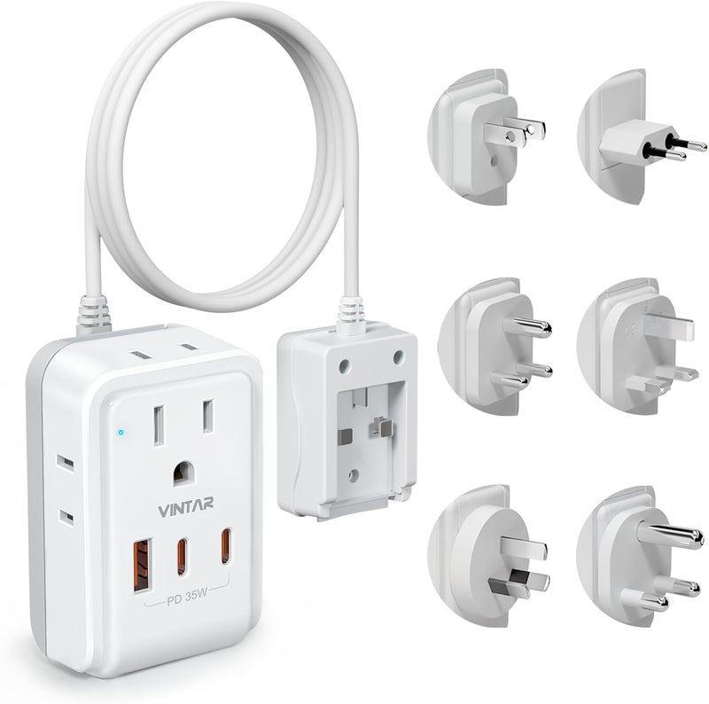 VINTAR Universal Travel Adapter Kit, 35W 5FT Detachable Extension Cord with 4 AC and 3 USB Ports(2 USB-C), Type A, C, D, G, I, M International Power Adapter for EU/India/South Africa - Image 1